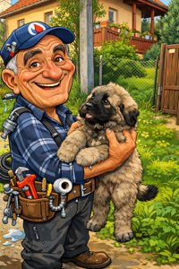 Handyman with puppy caricature